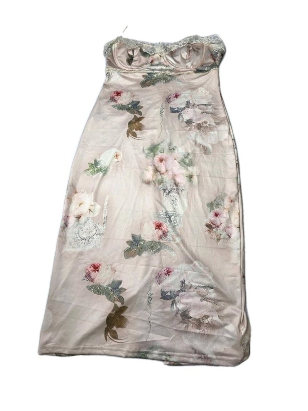 Floral Lace Trim Satin Slip Dress Women’s Small Pink Cottagecore Midi. WL66